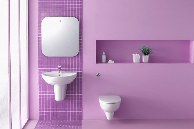 Badezimmer mit pinken Wänden, Waschbecken, Spiegel und modernem WC. ambulante Pflege