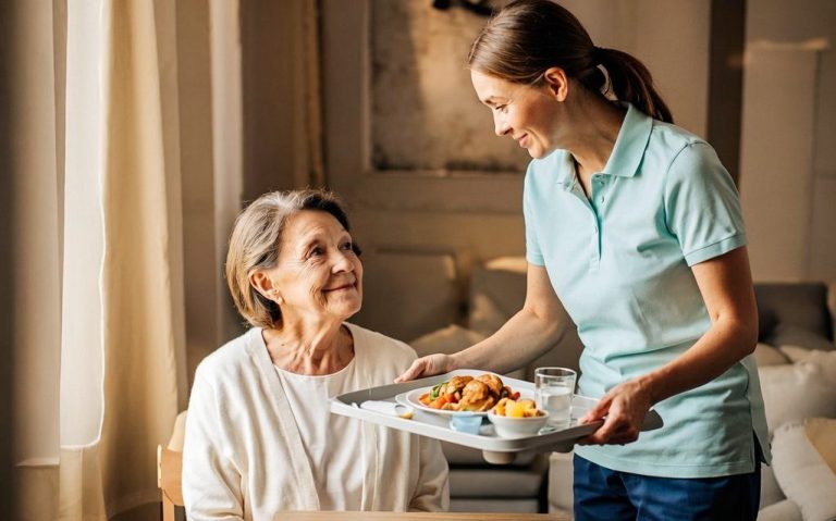 Pflegekraft serviert einer älteren Dame ein Essen auf einem Tablett. ambulante Pflege