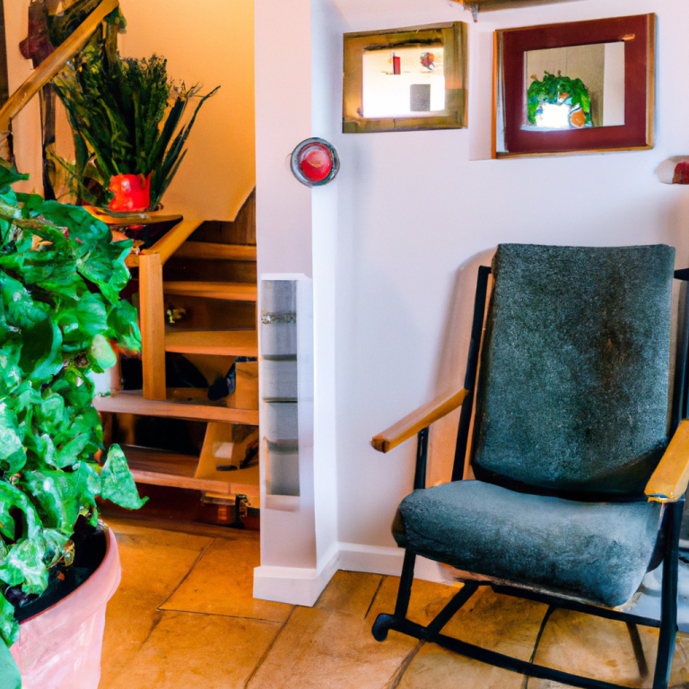 Ein gemütlicher Schaukelstuhl steht neben einer Treppe und Pflanzen in einer hellen Wohnung.