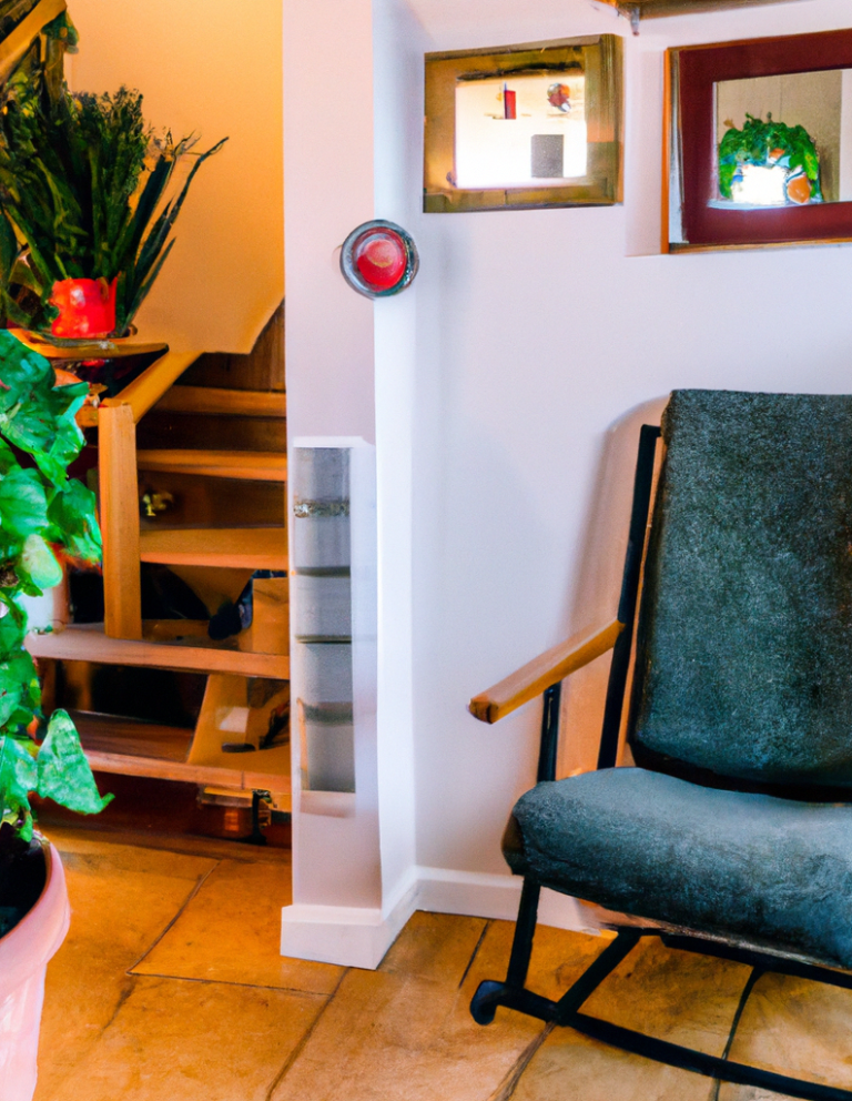 Stuhl in einem Raum mit Treppe, Pflanzen und Wandspiegeln.