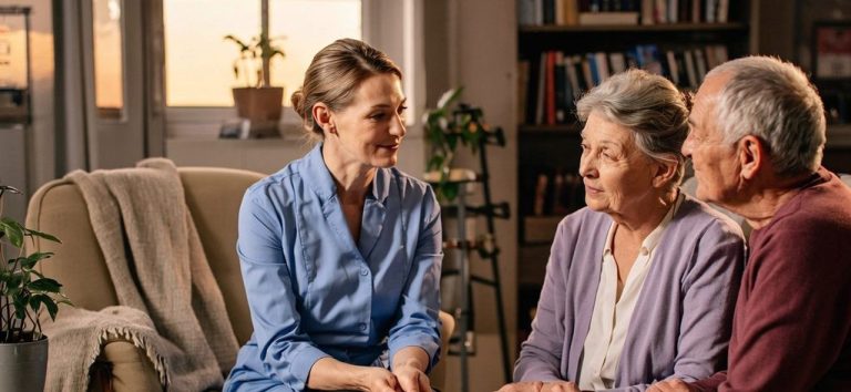 Eine Pflegekraft bespricht mit einer Paar Möglichkeiten der ambulanten Pflege 